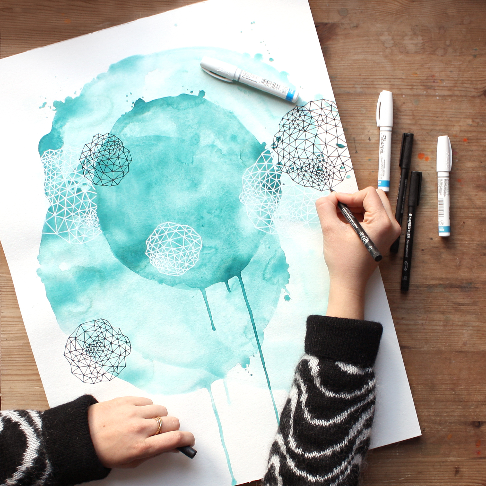 If I'm Being Honest # 3 by Amanda Michele Art / Abstract Watercolor Hand-drawn Painting in Teal