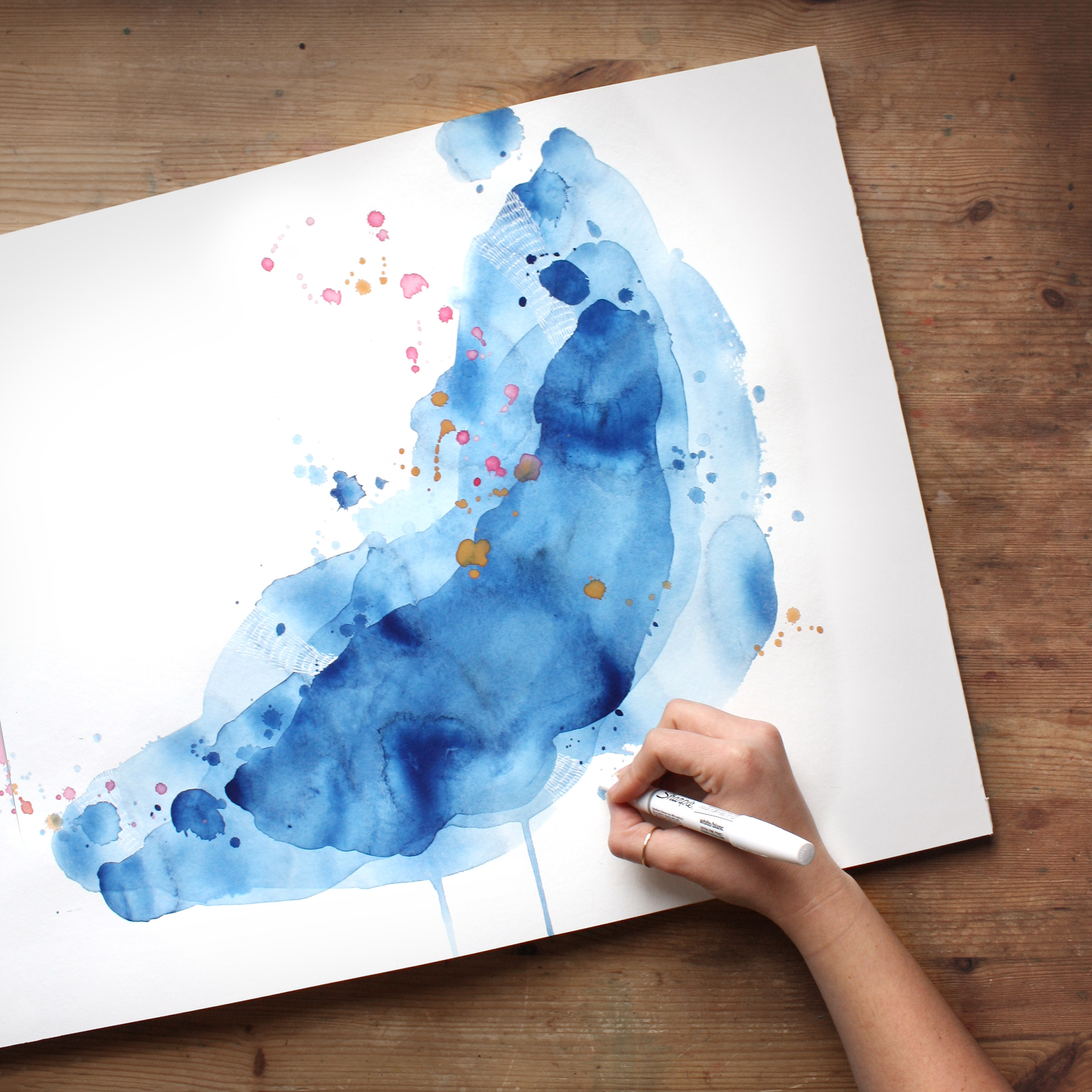 Amanda Michele Art / Abstract Watercolor Hand-drawn Painting in Pure Blue